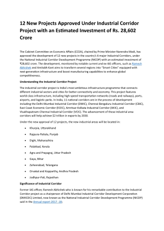 12 New Projects Approved Under Industrial Corridor Project with an Estimated Investment of Rs. 28,602 Crore