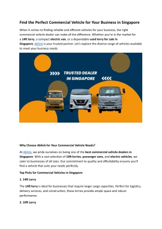 Find the Perfect Commercial Vehicle for Your Business in Singapore