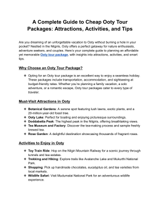 A Comprehensive Guide to Budget Ooty Tour Packages: Attractions, Activities, and