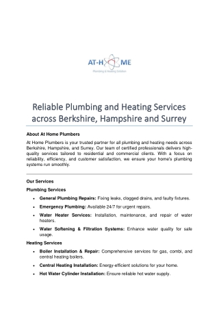 Reliable Plumbing and Heating Services across Berkshire, Hampshire and Surrey