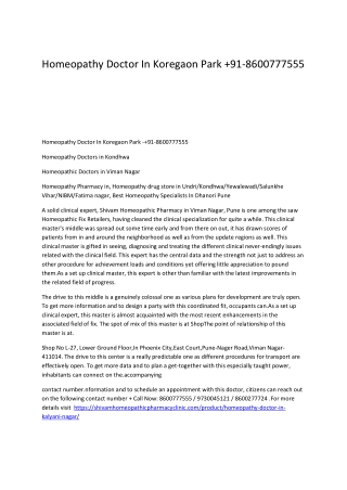 Homeopathy Doctor In Koregaon Park  91-8600777555
