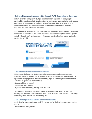 PLM Consultancy Services From Ornnova