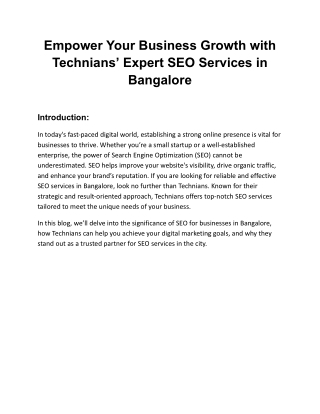 Boost Your Online Presence with Technians' Expert SEO Services in Bangalore