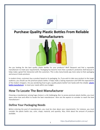 Purchase Quality Plastic Bottles From Reliable Manufacturers