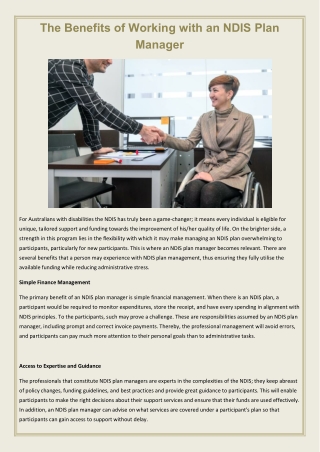 The Benefits of Working with an NDIS Plan Manager
