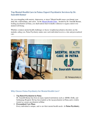 Top-Rated Mental Health Care in Patna Expert Psychiatric Services by Dr. Saurabh