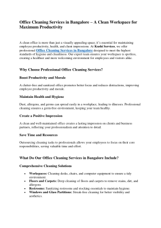 Office Cleaning Services in Bangalore - Kushi Hygiene Services