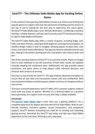 Sara777 – The Ultimate Satta Matka App for Exciting Online Game