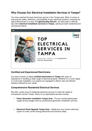 Why Choose Our Electrical Installation Services in Tampa