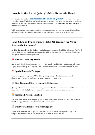 Love is in the Air at Quincys Most Romantic Hotel