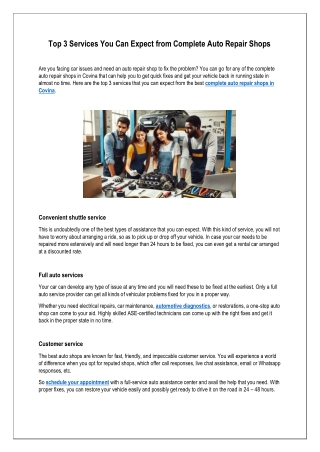 Top 3 Services You Can Expect from Complete Auto Repair Shops