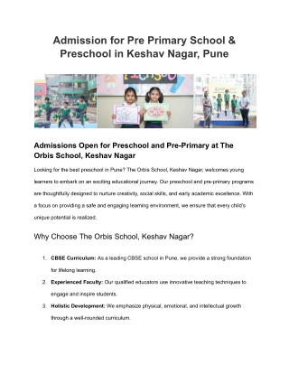 Admission for Pre Primary School & Preschool in Keshav Nagar, Pune
