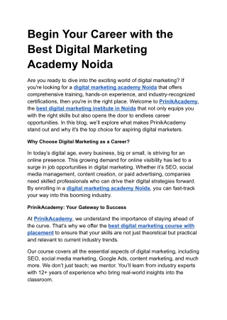 Begin Your Career with the Best Digital Marketing Academy Noida