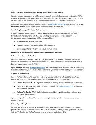 What to Look for When Selecting a Reliable FASTag Recharge API in India