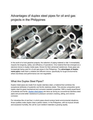 Advantages of duplex steel pipes for oil and gas projects in the Philippines