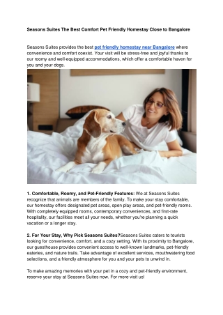 Seasons Suites The Best Comfort Pet Friendly Homestay Close to Bangalore