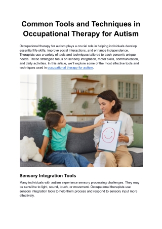 Common Tools and Techniques in Occupational Therapy for Autism