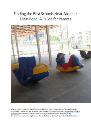 Finding the Best Schools Near Sarjapur Main Road A Guide for Parents