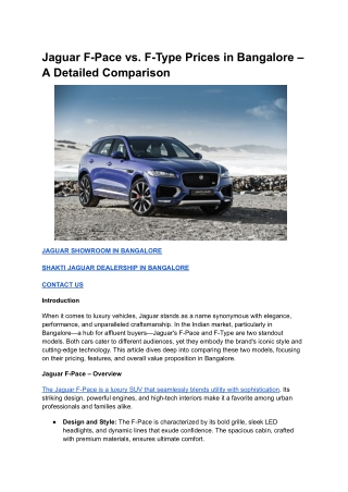 Jaguar F-Pace vs. F-Type Prices in Bangalore – A Detailed Comparison