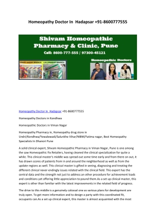 Homeopathy Doctor In  Hadapsar  91-8600777555
