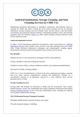 Keep It Safe with Cliffy Cox Antiviral Sanitisation Services
