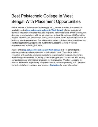 Best Polytechnic College In West Bengal With Placement Opportunities