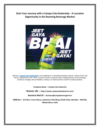 Start Your Journey with a Campa Cola Dealership – A Lucrative Opportunity in the Booming Beverage Market