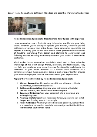 Expert Home Renovations: Bathroom Tile Ideas and Essential Waterproofing Service