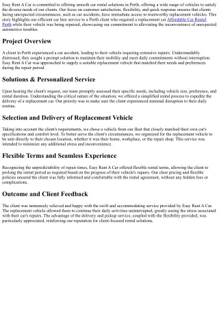 Easy Rent A Car Supports Perth Client with Quick Replacement Vehicle