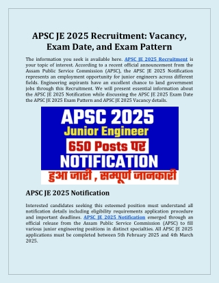 APSC JE 2025 Recruitment Vacancy, Exam Date, and Exam Pattern
