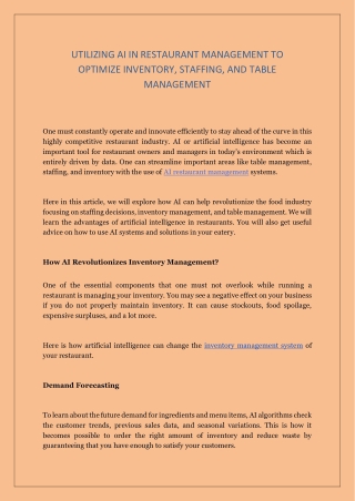 Utilizing AI in Restaurant Management to Optimize Inventory, Staffing, and Table Management