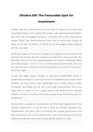 Dholera SIR The Favourable Spot for Investment