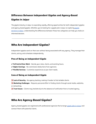 Difference Between Independent Gigolos and Agency-Based Gigolos in Jaipur