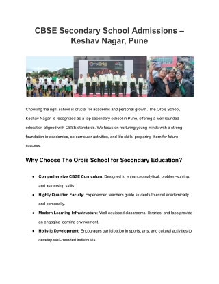 CBSE Secondary School Admissions – Keshav Nagar, Pune