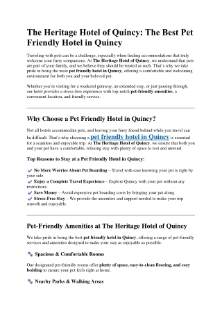 The Heritage Hotel of Quincy - The Best Pet Friendly Hotel in Quincy