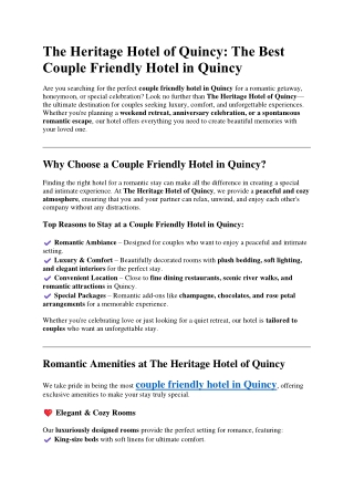 The Heritage Hotel of Quincy - The Best Couple Friendly Hotel in Quincy