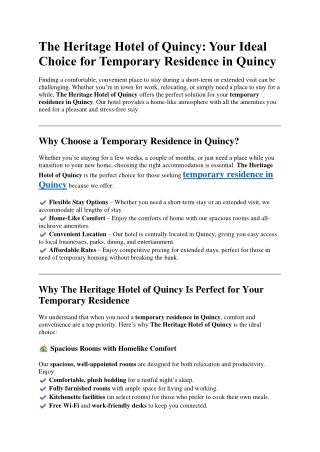 The Heritage Hotel of Quincy:Your Ideal Choice for Temporary Residence in Quincy