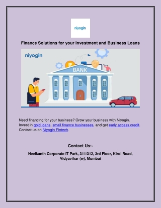 Finance Solutions for your Investment and Business Loans