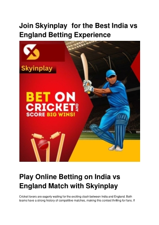 Join Skyinplay  for the Best India vs England Betting Experience