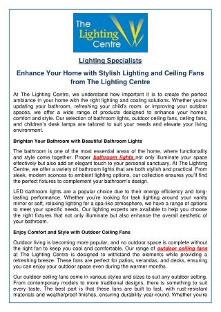 Enhance Your Home with Stylish Lighting and Ceiling Fans from The Lighting Centre