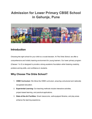Admission for Lower Primary CBSE School in Gahunje, Pune