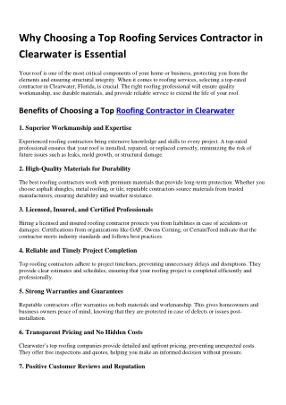 Why Choosing a Top Roofing Services Contractor in Clearwater is Essential