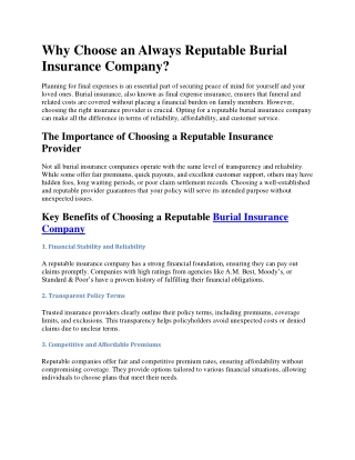Why Choose an Always Reputable Burial Insurance Company