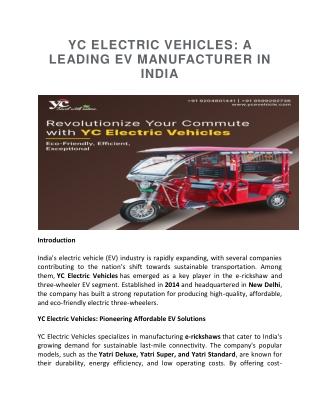 YC ELECTRIC VEHICLES A LEADING EV MANUFACTURER IN INDIA