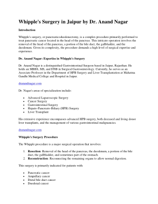 Whipple's Surgery in Jaipur by Dr. Anand Nagar