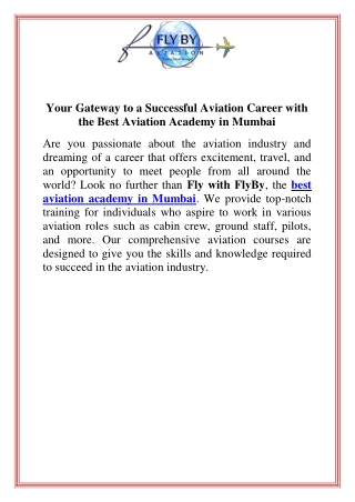 Your Gateway to a Successful Aviation Career with the Best Aviation Academy in Mumbai