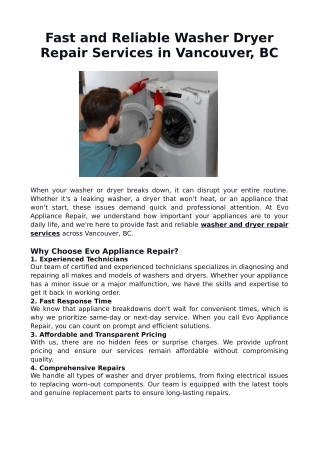 Fast and Reliable Washer Dryer Repair Services in Vancouver, BC