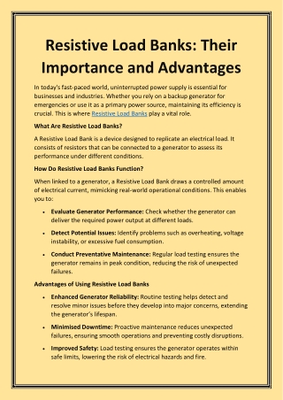 Resistive Load Banks: Their Importance and Advantages