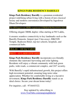 The Kings Park Residency Bareilly  9716443322