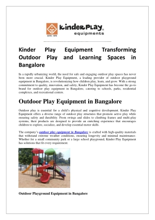 Kinder Play Equipment Transforming Outdoor Play and Learning Spaces in Bangalore